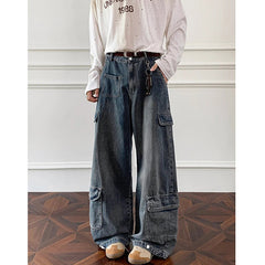 Men Workwear Cargo Jeans New Multi Pocket Loose Straight Leg Baggy Streetwear Denim Pants Urban Casual Trousers 2025 Autumn voguable