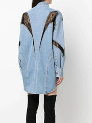 Fashion Women's Coat Loose Lapel Single Breasted Full Sleeve Lace Splited Solid Color Denim Jackets Summer New voguable