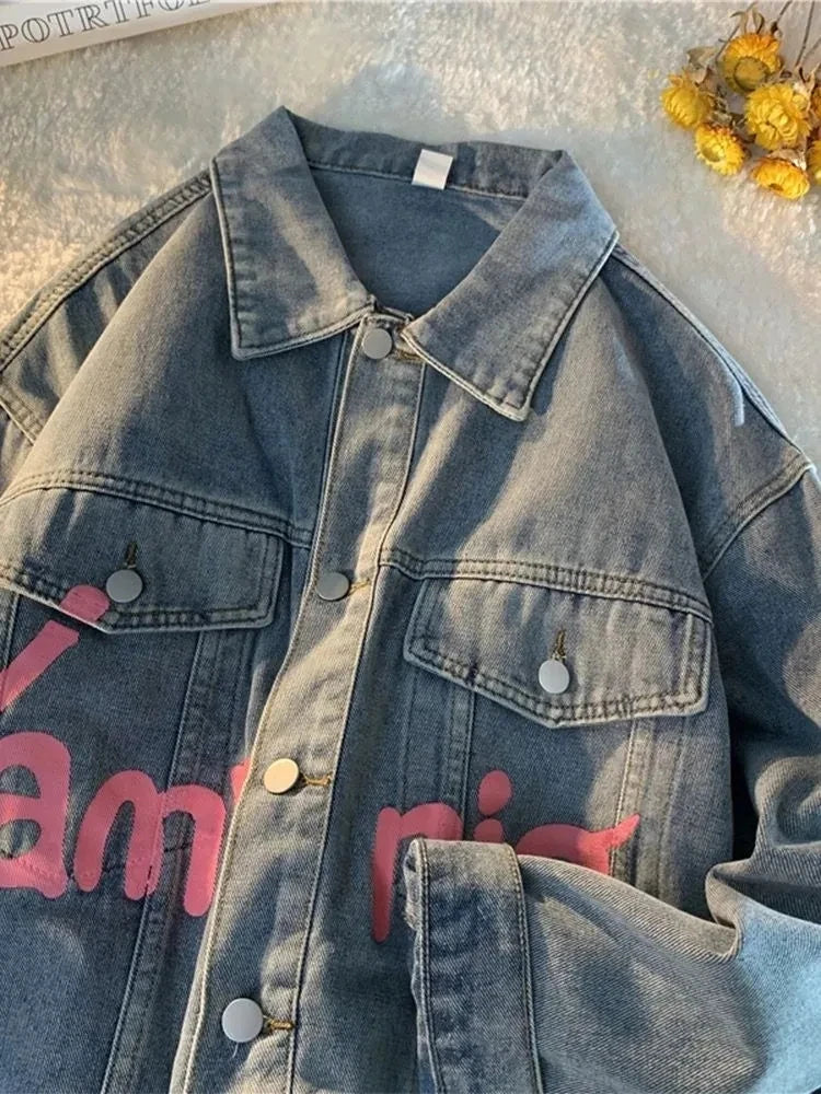 Voguable Denim Jacket Womens Clothing Autumn Winter Korean Printed Jeans Coat Female Retro Pop Street Loose Denim Top voguable