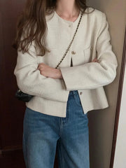 Elegant Chic Tweed Jacket Women O Neck Slim Long Sleeve Fashion Short Coats Casual French Sweet Small Fragrance Outwear Lady New voguable