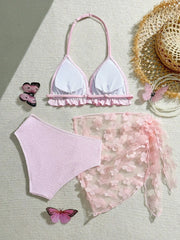 Voguable Children Pink Crinkle 3-Piece Bikini Set with Halter Triangle Top & Floral Mesh Sarong Cover Up Beachwear Girl's Sportswear voguable