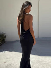 Halter Deep V Neck Sexy Maxi Dress For Women Gown Black Lace Off-shoulder Backless Sleeveless Bodycon Long Dress voguable