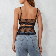 y2k Lace Crop Top Women See Through Spaghetti Strapless Sleeveless Cut Out Tanks 2000s Aesthetic Clothes Streetwear voguable