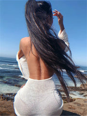 Women Sexy Backless Bikini Cover-ups Summer Ladies Long Sleeve Solid Color See Through Club Beach Mini Dress Beachwear