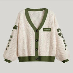 Cute Lantern Sleeve Knitted Cardigan Autumn Warm Embroidery Sweater Women Casual V-neck Single Breasted Sweater Coat Y2k voguable