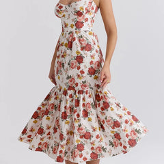 Sexy Elegant Women Lace Trim Floral Print A-line Midi Summer Dress Holiday Party Robe Cotton