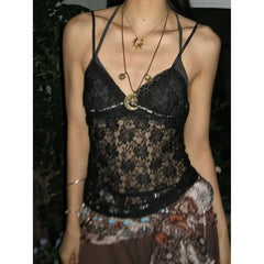 Lace V-neck Halter Top Women Hotsweet Hollowed-out Backless Slim Chic Vest Lace Transparent Spaghetti Strap Beach Coquette Camis voguable