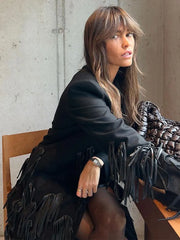 Elegant Solid Women's Long Tassel Coat Chic Turn-down Collar Long Sleeved Warm Jacket Autumn Winter Lady Fashion Streetwear voguable