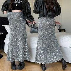New Pleuche Sequined Spring Autumn Woman Clothing Elastic Waist Skirt High Waist Fashion Nightclub Girl Y2K Vintage Midi Skirts voguable