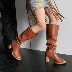 Fashion Women Knee High Boots Square Toe Split Leather Long Boots High Heels Casual Shoes Woman Autumn Winter Size 34-42 voguable