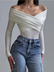 White See-Through Patchwork Jumpsuit For Women Pleated Slim Sexy High Waist Long Sleeve Off-Shoulder Rompers Streetwear voguable