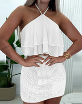 Voguable European and American Summer New Sweet and Elegant Hanging Neck Ruffle Top and Crochet Lace Skirt Set voguable