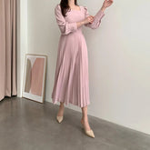 Voguable Pink Korean Chic Pleated Folds Party Dresses Women Long Sleeve Casual Bodycon Midi Dress Autumn Evening Elegant Vestidos voguable