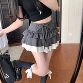 Sweet Lace Up Mini Skirt Women Y2K Summer Lace Patchwork A-Line Skirts High Waist Kawaii Lolita Preppy All Match Tutu Skirts voguable