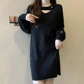 Voguable Hepburn Style Hollow Loose Sweater Dress Women Winter Lantern Sleeve Bright Silk Midi Elastic Comfortable All-match Knit Dresses voguable