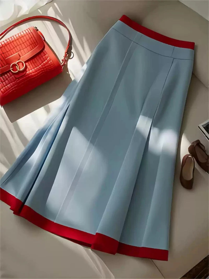 Bomon Y2K blue and red color contrast baseball slant skirt women 2024 new pre-fall fashion design high-waisted mid-long skirt voguable