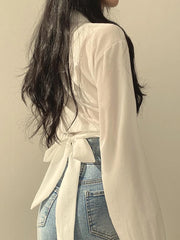 Voguable Harajuku Women Blouse Fashion Streetwear Sexy Ladies Blouse White Summer Sexy Bow Tie Crop Top Korean Tunic Bandage shirt voguable