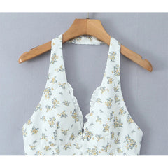 YENKYE 2025 French Style Vintage Print Halter Dress Women Lace Trim A-line Short Summer Dresses Sweet Robe Holiday Vestidos voguable