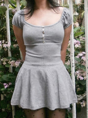 Voguable American Y2k Elegant Temperament Square Collar Puff Sleeve Slim Waist High Waist Summer Dresses voguable