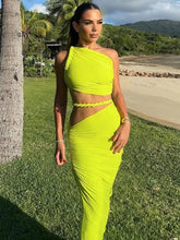 Green Sexy Two Piece Sets Women Oblique Shoulder Crop Tops And Maxi Skirt Female Thigh High Split Ruched Long Dress voguable