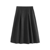Women Autumn Winter Dark Gray Pleated A-line Midi Skirt Vintage High Waist Office Elegant Skirts
