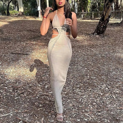 2025 New Pink Knit Sexy Log Dress Hollow Out Halter Neck Backless Chic Vacation Summer Dress Solid Tight Beach Dresses For Women voguable