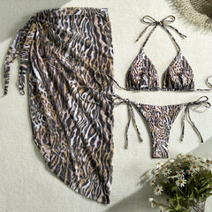 Voguable Women Leopard Print Halter Triangle Bikini Set with Matching Sheer Mesh Side Slit Knotted Wrap Skirt Cover Up 3 Piece Swimwear voguable