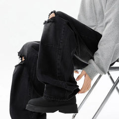 Straight Loose Wide Leg Jeans Mens Washed Classic Trousers Ripped Destroyed Drag Floor Length Bulk Wholesale Trendy Streetwear voguable
