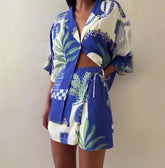 Voguable Summer New Women's Fashion Graffiti Casual Shirt, High Belt Shorts, Skirt Set, Women's Clothing voguable