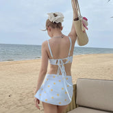 New 3 Pieces Set Floral Swimsuit Women Ribbed Swimwear Sexy Bandeau Bikini with Sarong Skirts Beach Wear Bathing Suit Korean