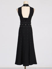 Solid Beaded Diamond Spliced Long Dresses For Women Round Neck High Waist Elegant Dress Female Summer 2025 New voguable