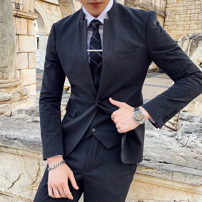 (Jackets+Vest+Pants) Sinicism Men's stand Collar High Quality Suits Male Slim Fit Solid Color Business Tuxedo Man Casual Blazers voguable