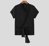 Men Shirt Lace Patchwork V Neck Short Sleeve Transparent Male Tops Streetwear Lace Up Sexy Shirts 2025 Men Clothing voguable