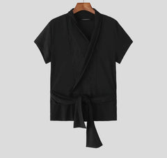 Men Shirt Lace Patchwork V Neck Short Sleeve Transparent Male Tops Streetwear Lace Up Sexy Shirts 2025 Men Clothing voguable