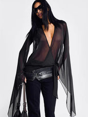 Mesh See Through Sexy Mini Dress For Women Black Sheer Mesh Deep V Neck Long Sleeve Backless Draped Ruched Dress voguable