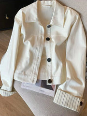 Fashion Sweet Slim Denim Jacket Women Korean Long Sleeve Striped Patchwork Short Coat Fall Winter Female Chic Outwear Tops voguable