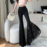 Voguable Retro Hong Kong Style Patchwork Lace Bell-bottom Pants for Women New Summer Thin Casual Elastic High-waist Leisure Pants voguable