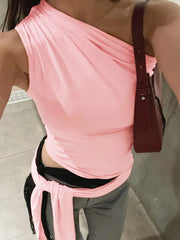 Sexy Hot Girl Lace-up Slim Sleeveless Diagonal Collar Crop Tops For Women Solid Fashion Tops Streetwear Ladies Outfits voguable