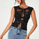 Tanks Spring Summer Fashion K-Style Lace Lace-Up Sleeveless Round-Neck Casual Daily Tanks For Women voguable