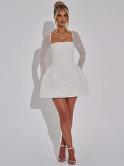 Sequins Long Sleeve Backless Sexy Mini Dress Women Robe Fashion Sparkle Lace-up High Waist A-line Club Dress Vestido voguable