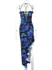 Sexy Lace Up Hollow Backless Split Print Dress Fashion Women Bandage Ruffles Hem Maxi Vestidos Halter Sleeveless Club Beach Robe voguable