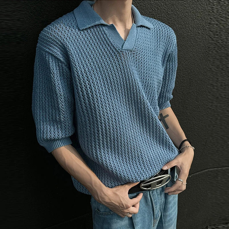 Summer Men's Clothing Light Luxury Korean Popular Hollow Out Polo Shirt Leisure V Neck Short Sleeve Solid Color Retro Knitwear voguable