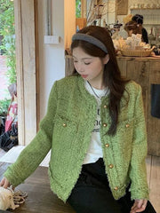 Sweet Green Tweed Jackets Women Vintage Long Sleeve Casual Coat Korean O Neck Fall Winter Retro All Match Elegant Outwear Tops voguable
