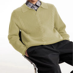 New American Retro Men Polo Sweater Luxury Trendy Jacquarded V Neck Knit Solid Color Pullover Leisure Loose Long Sleeve Knitwear voguable