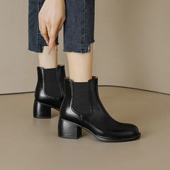 Women Ankle Boots Autumn Winter Office Lady Shoes Woman Genuine Leather Round Toe Thick High Heels New Back Elastic Band Basic voguable