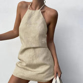 Voguable Solid Linen-cotton Halter Dress Women Casual Sleeveless Backless Off Shoulder A-line Mini Dresses Lady Holiday Street Gown voguable