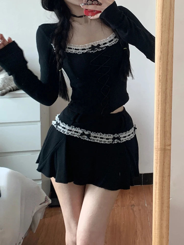 Voguable Women Dark Academia Y2k 2000s Aesthetic Rave Night Club Outfits 2 Piece Set Long Sleeve T-Shirts Crop Tops + Mini Pleated Skirts voguable