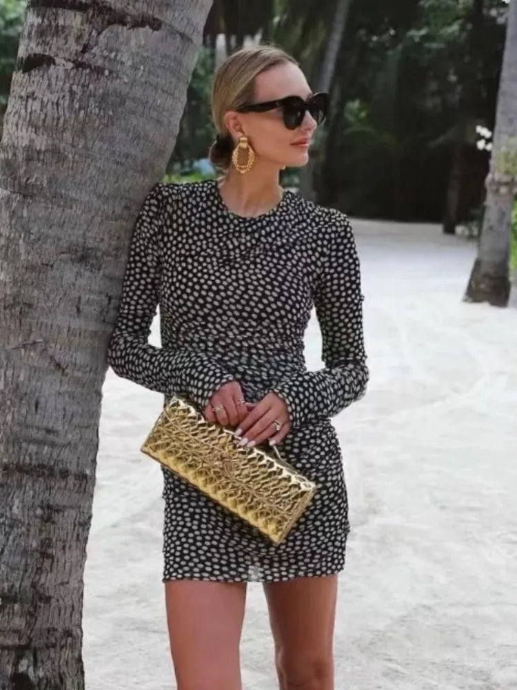 Korean Chic Polka Dot Pring Short Dress Summer Dress Round Neck Long Sleeve Slim Women Dress Fashion Simple Woman Clothing voguable