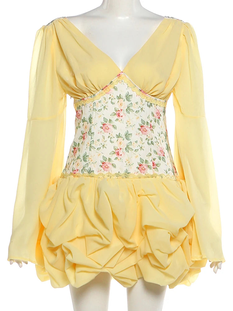 Voguable Flare Sleeve Dress Women Patchwork Floral Print Puffy Hem Folds v-Neck Bandage Tassel Skinny Sweet Party Mini Bodycon voguable
