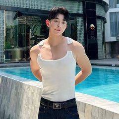 2025 New Fashion Male Vest Patchwork Personality Sleeveless Top Men's Solid Color Slim T-shirt Spring Trendy 9A8204 voguable